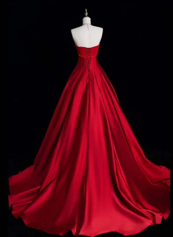 A-Line Princess Ballgown Red Simple Satin Long Formal Party Dress Evening Dress