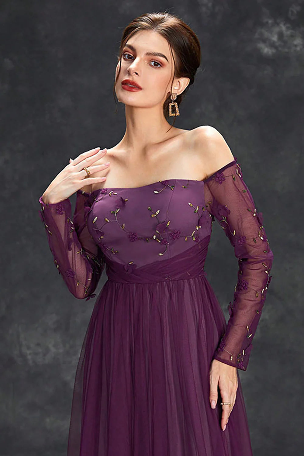 Dark Purple Tulle Off The Shoulder Formal Wedding Guest Dresses with Sleeves