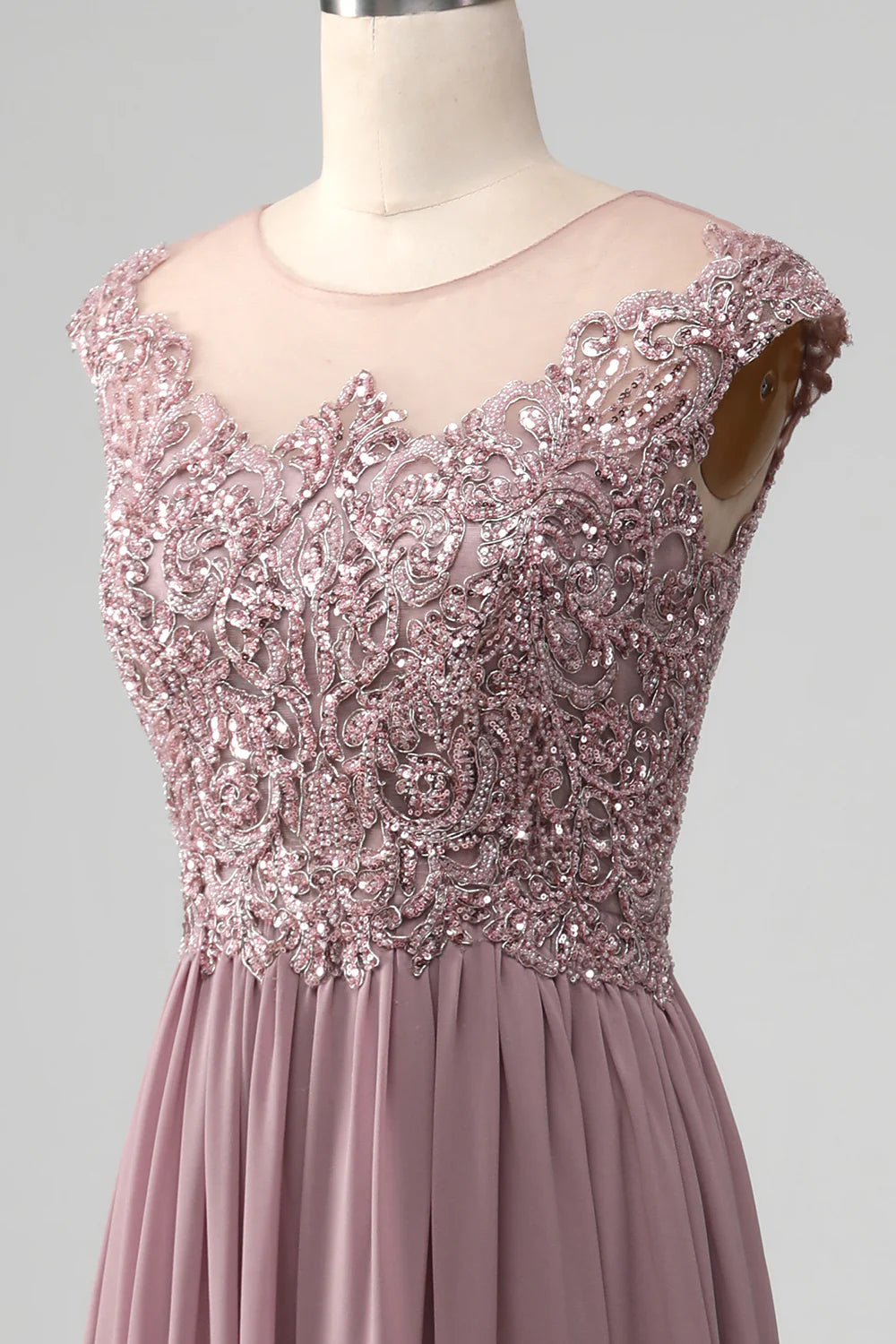 A-line Beaded Chiffon Round Neck Mother of the Bride Dress
