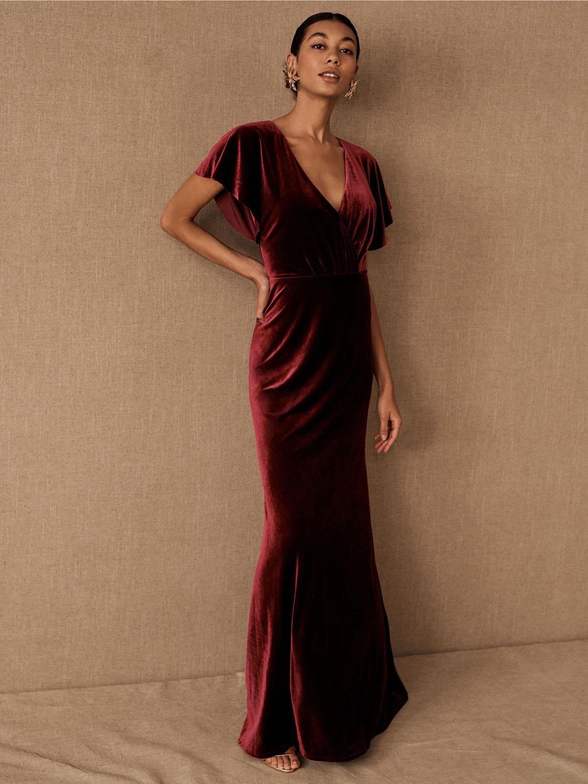 A-Line V-Neck Short Sleeves Backless Pleated Velour Floor-Length Formal Evening Dresses