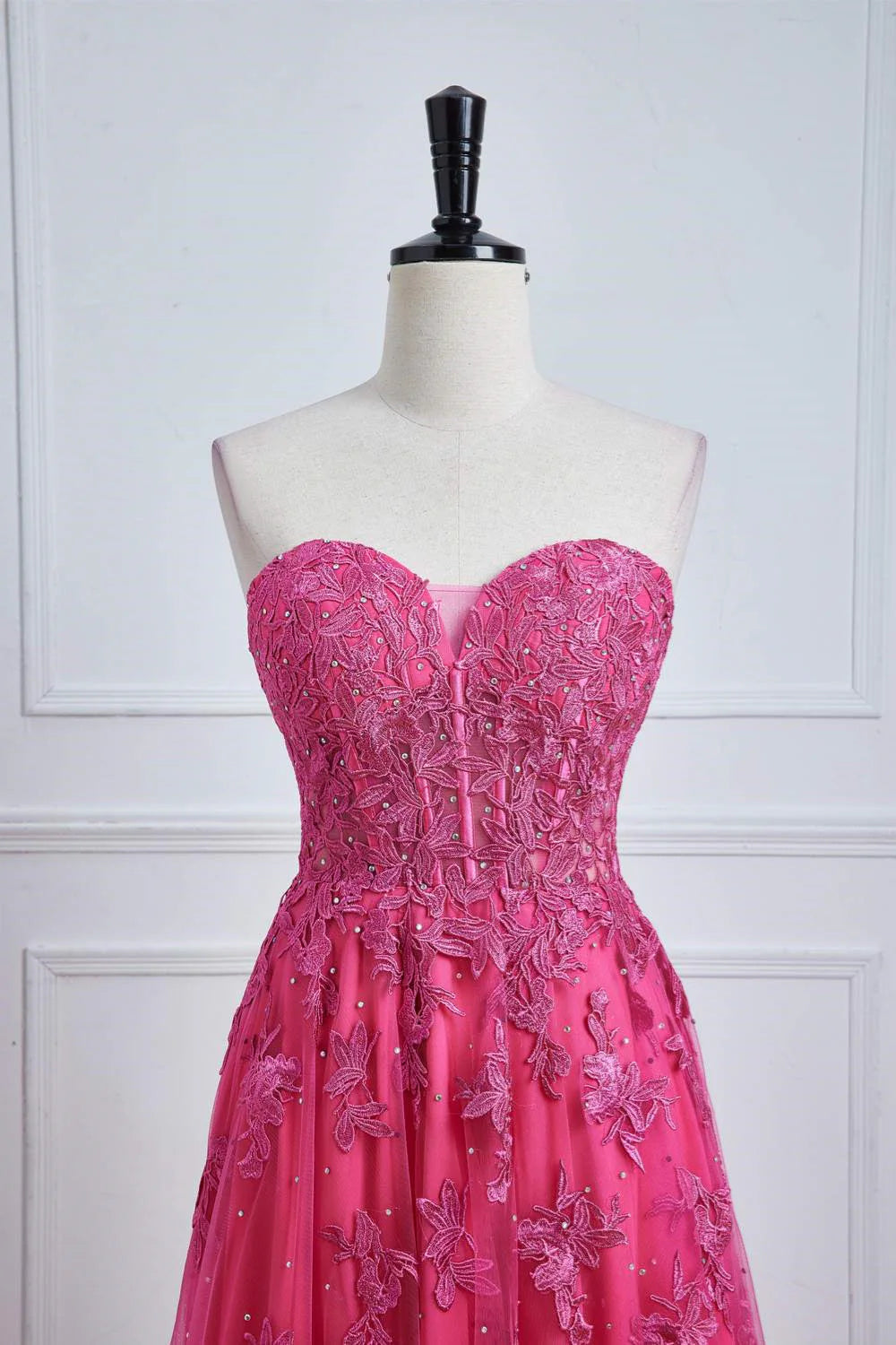 A-Line Long Dress Sweetheart Hot Pink Lace Corset Prom Dress with Slit