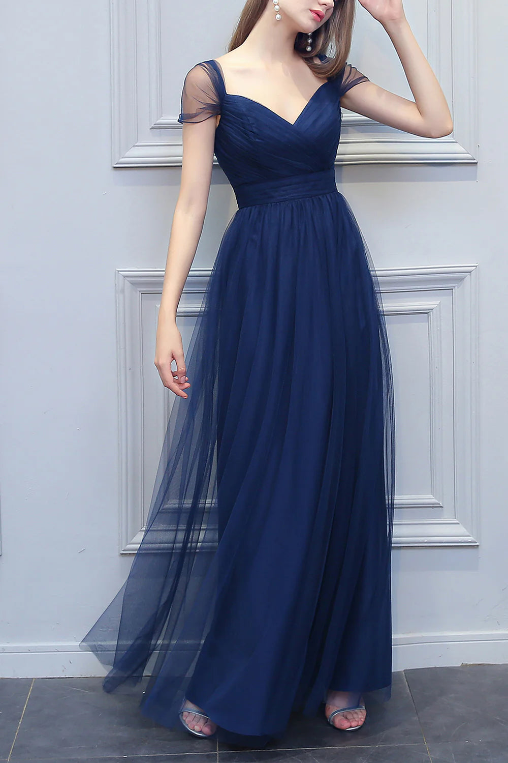 A-line V-neck Long Tulle Bridesmaid Dress Prom Dress