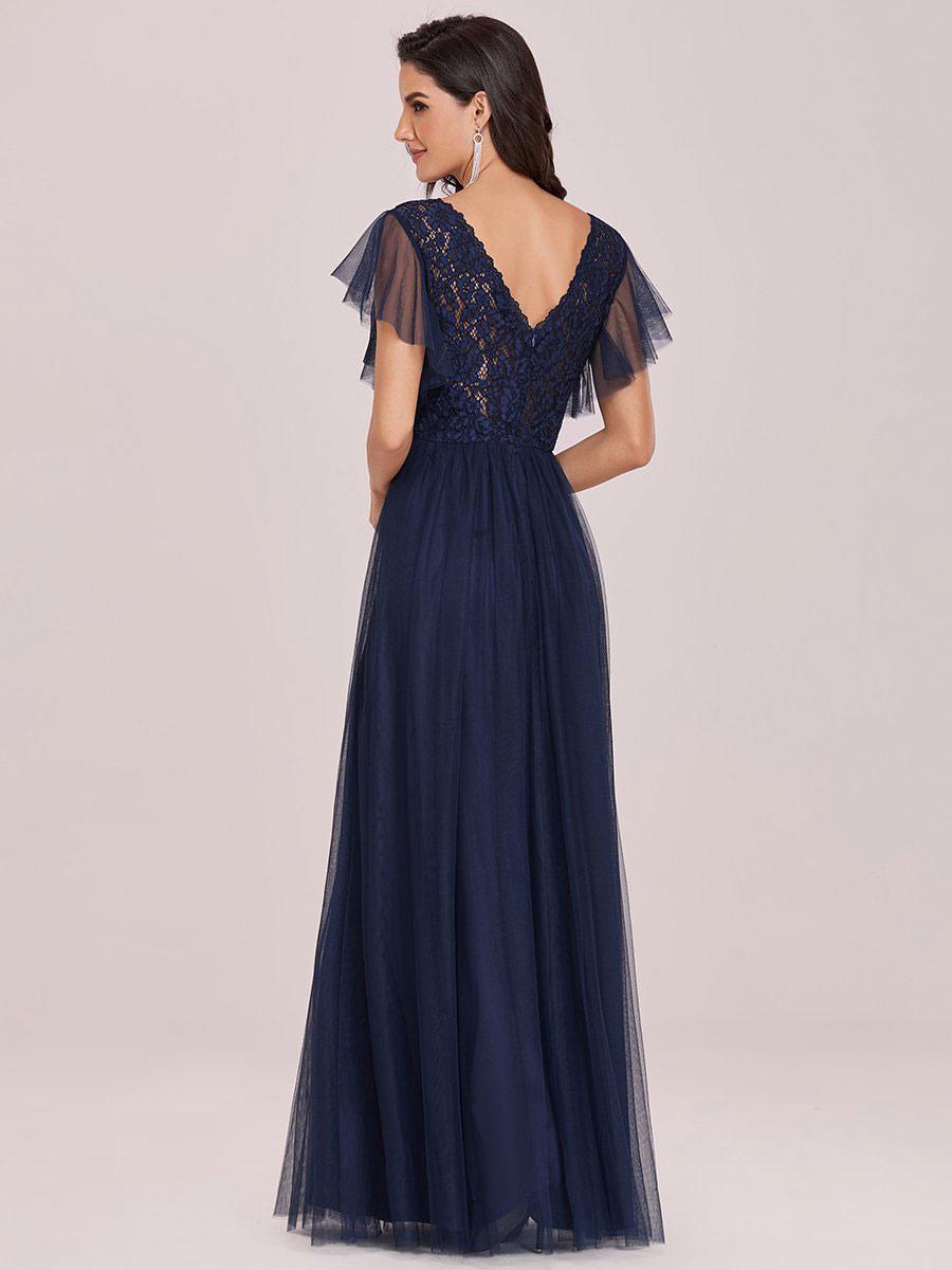 A-Line V-Neck Tulle Short Sleeves Backless Floor-Length Dresses Evening Dresses