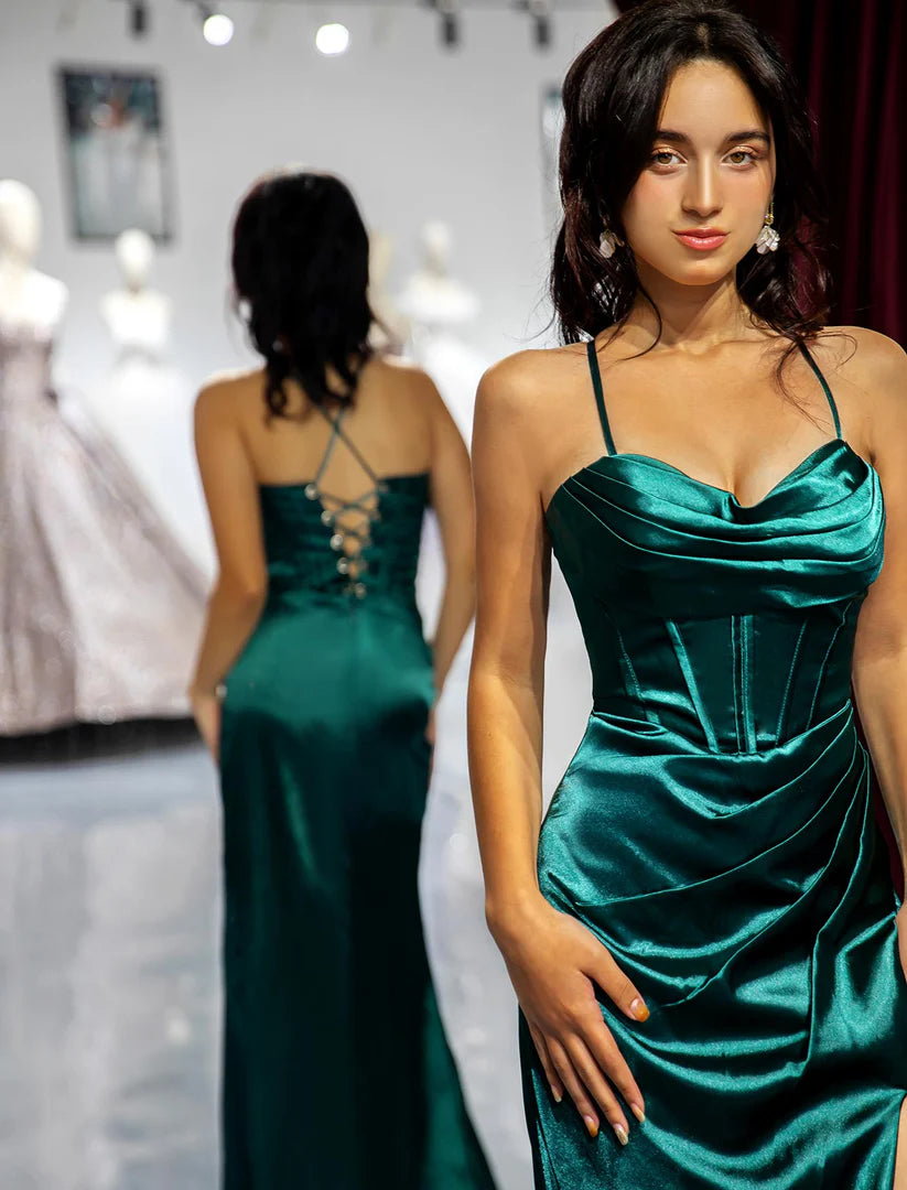 Dark Green Slit Sheath Prom Dress Satin Spaghetti Strap Sweep/Brush Train Dresses