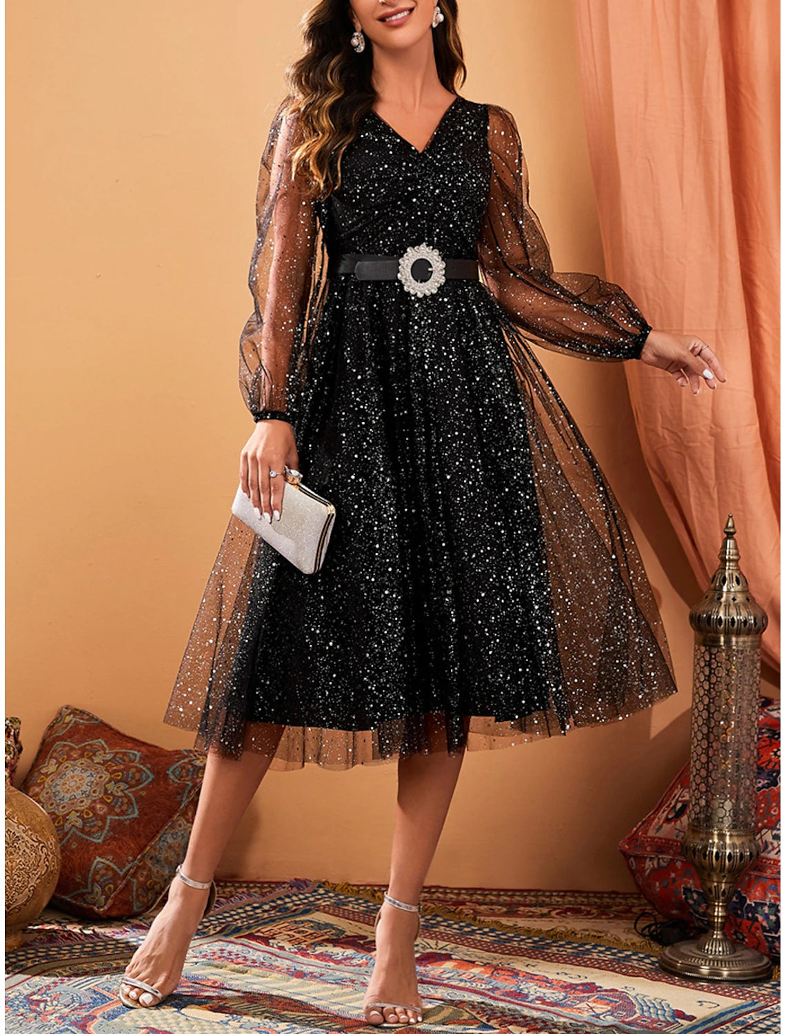 Party Dress Cocktail Dress Mesh Mesh Patchwork V Neck Long Sleeve Midi Dress