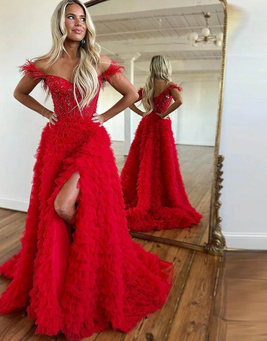 Off the Shoulder Long Prom Dress with Split Court Train Dresses