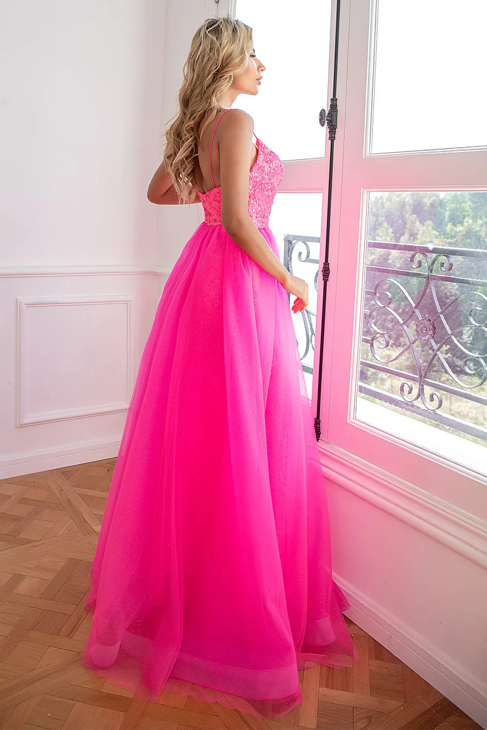 A-Line Princess Spaghetti Straps Fuchsia Prom Dress Wedding Guest Dresses with Split Front
