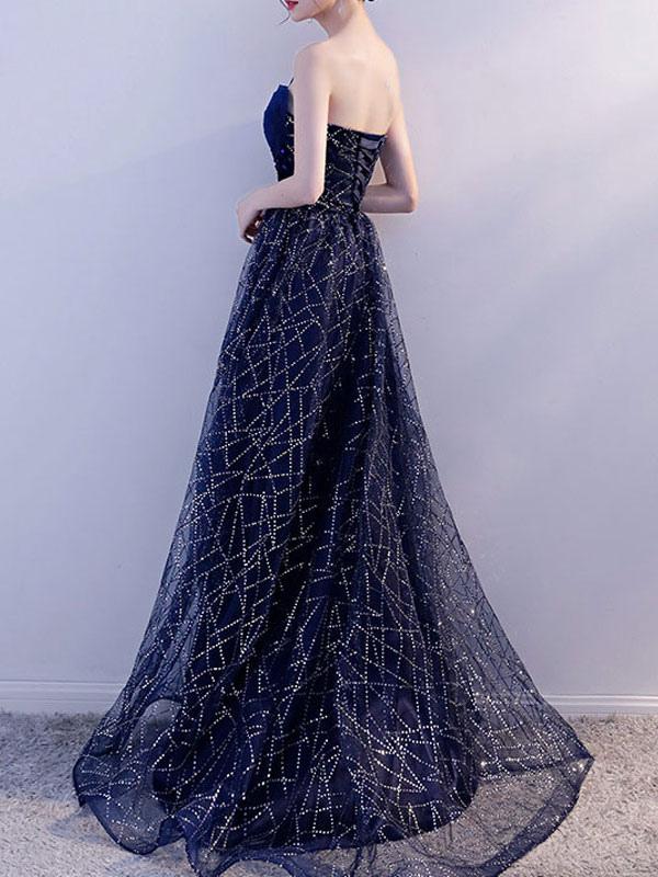 A-Line Strapless Floor-Length Sleeveless Lace-up Lace Evening Dresses