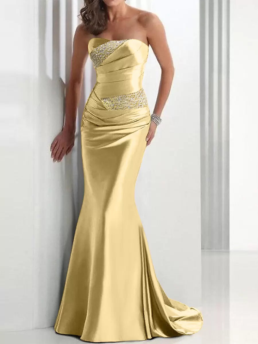 Mermaid Sweetheart Neck Satin Fabric Evening Dresses With Train Pleated Party Dresses