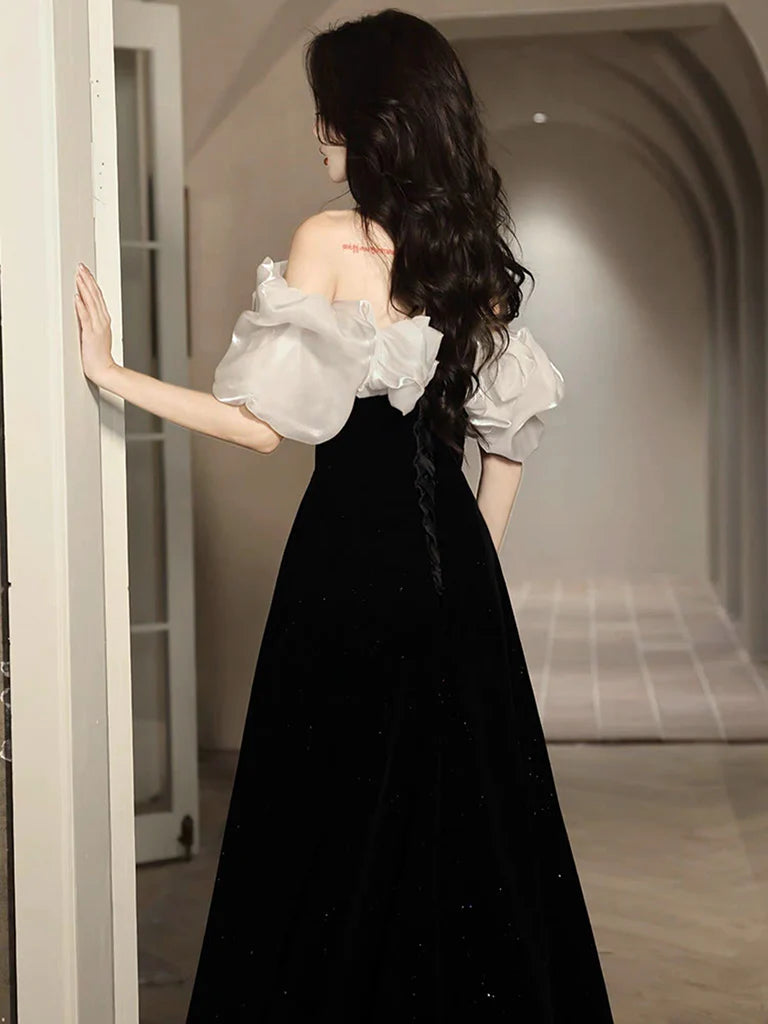 A-Line Off Shoulder Velvet Black Long Prom Dress Evening Dress