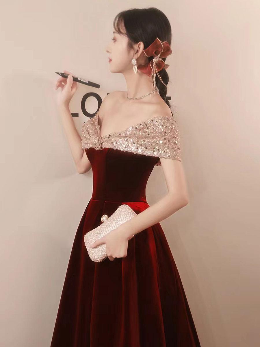 A-Line Bateau Neck Sequins Velour Floor-Length Criss-Cross Evening Dresses