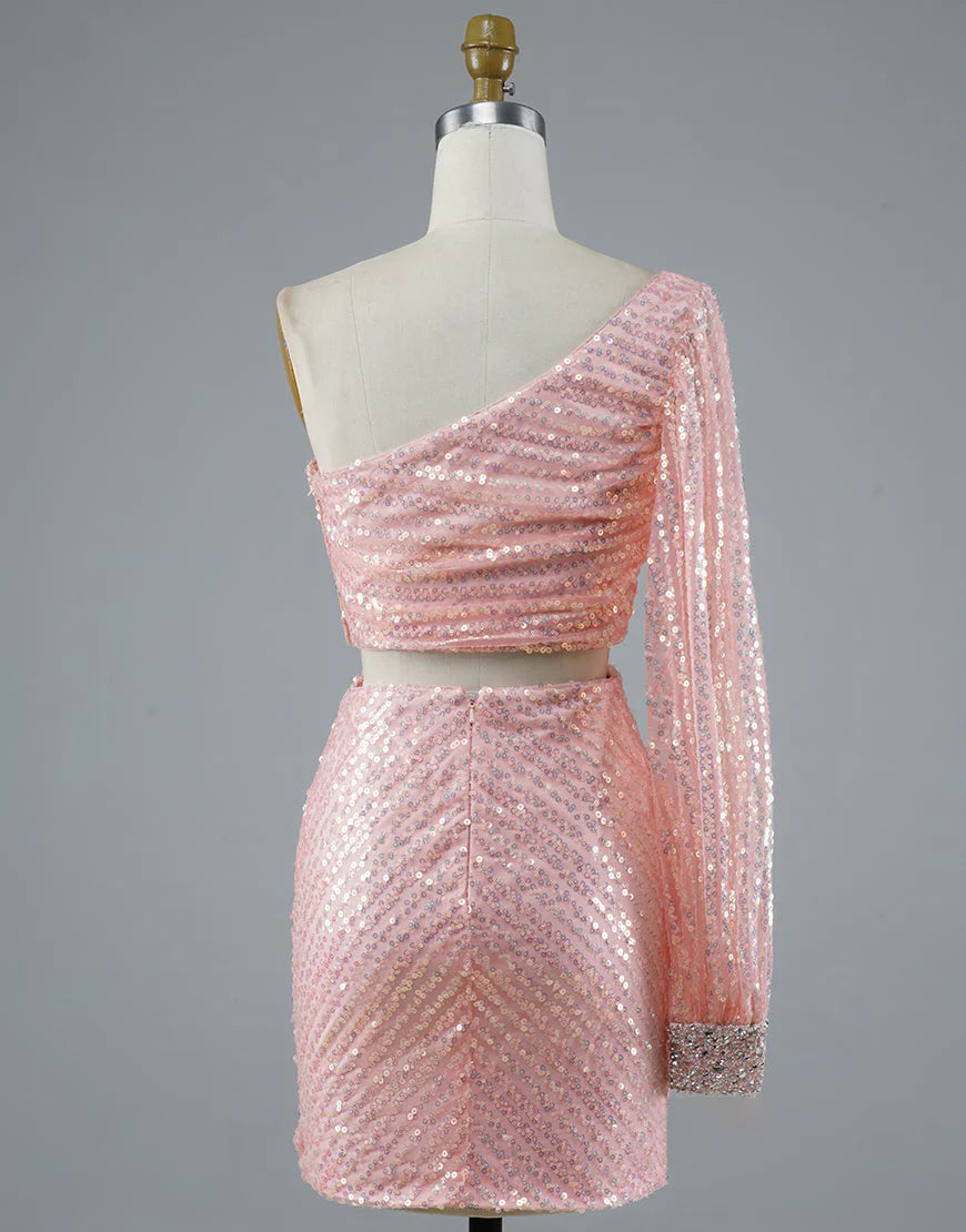 Shiny Tulle Two Pieces With Sequins One Shoulder Homecoming Dress With Sleeve