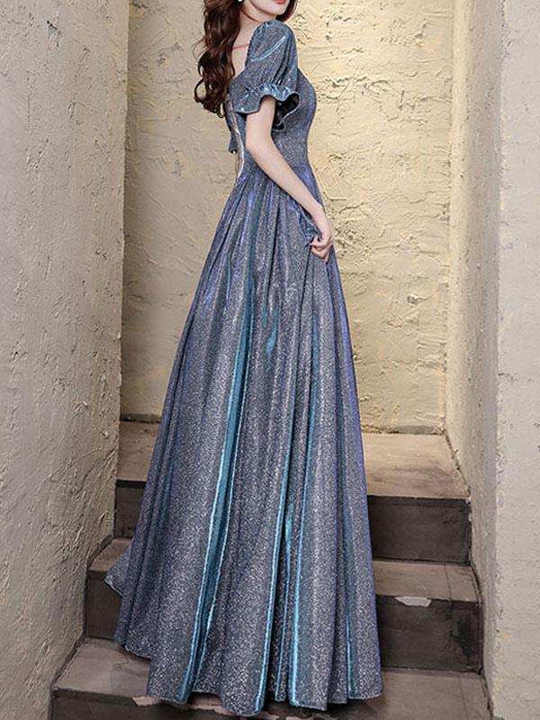 A-Line Square Neck Floor-Length Short Sleeves Lace-up Sequined Evening Dresses