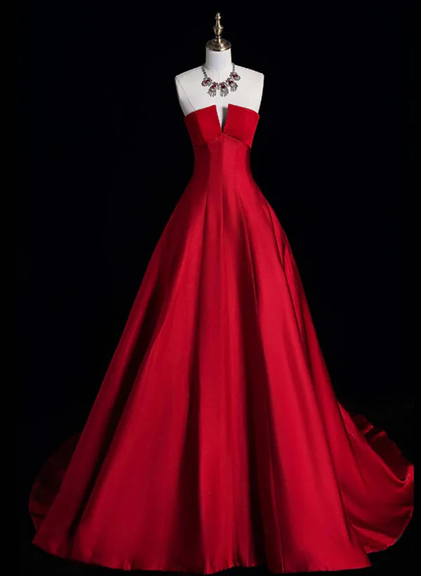 A-Line Princess Ballgown Red Simple Satin Long Formal Party Dress Evening Dress