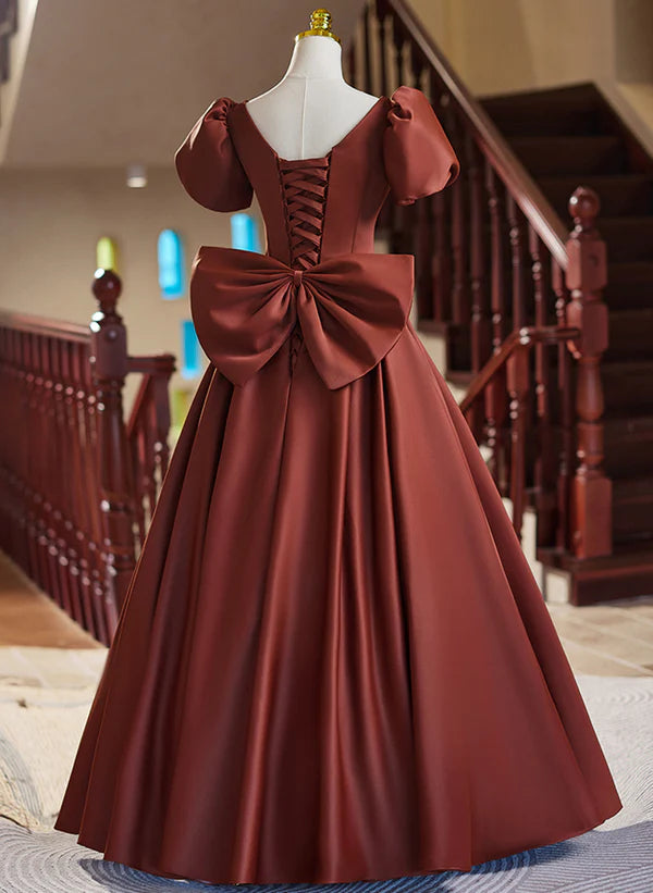 Satin Short Sleeves V-neckline Simple Long Party Evening Dresses Prom Dress With Bow(s)