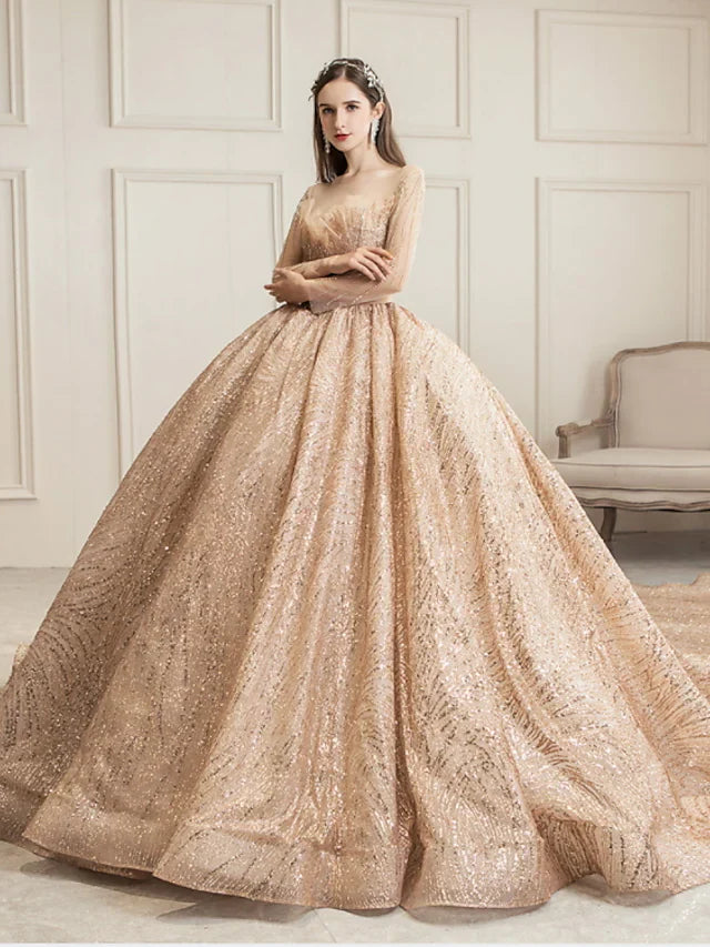 Princess Ball Gown Wedding Dresses Jewel Neck Chapel Train Tulle Sequined Long Sleeve Formal Luxurious