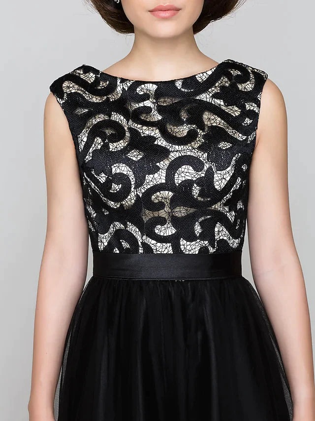 A-Line Mother of the Bride Dress Vintage Inspired Scoop Neck Floor Length Tulle Sleeveless with Pattern Print
