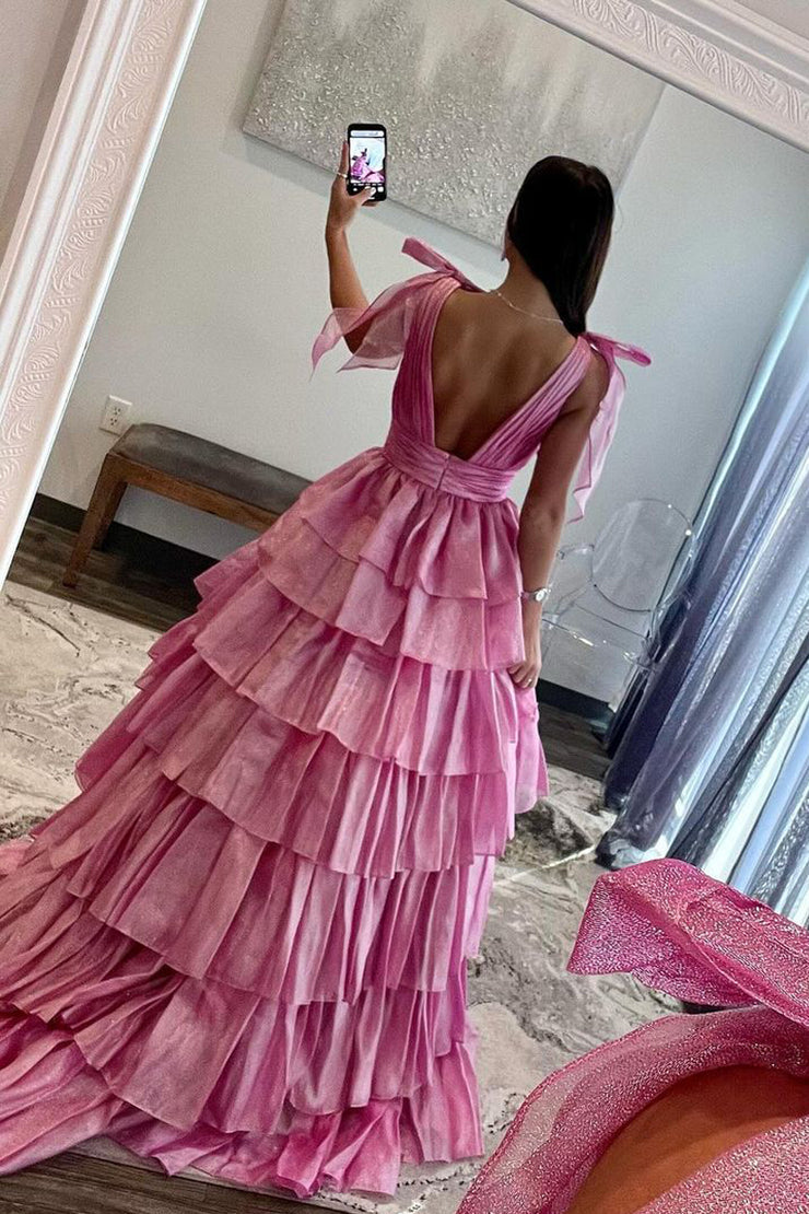 Cute Ball Gown V Neck Pink Sparkly Organza Prom Dresses