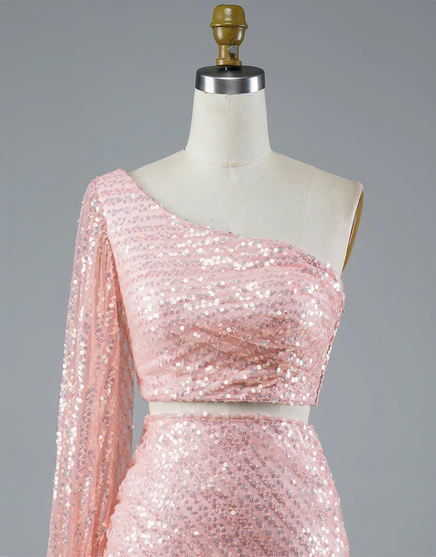Shiny Tulle Two Pieces With Sequins One Shoulder Homecoming Dress With Sleeve