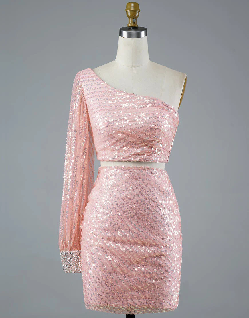 Shiny Tulle Two Pieces With Sequins One Shoulder Homecoming Dress With Sleeve