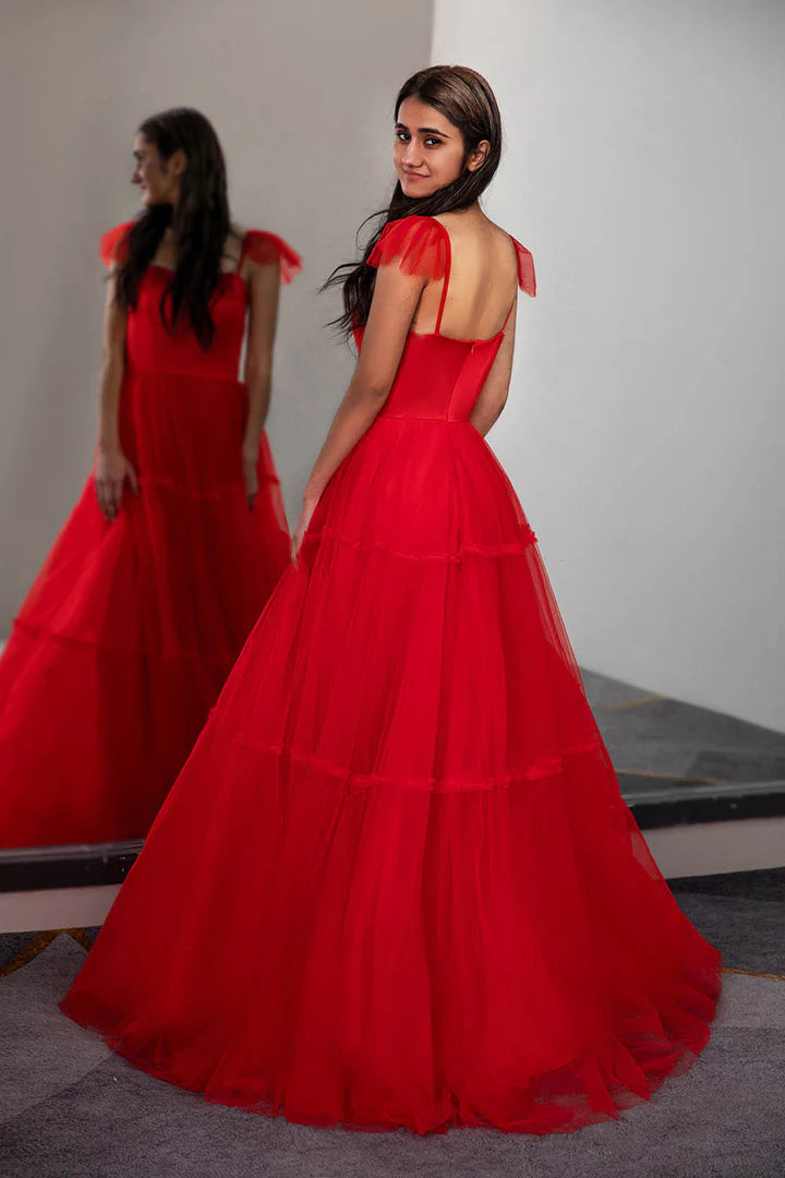 A-Line Princess Tulle Red Long Prom Dress with Bow Ties on Straps