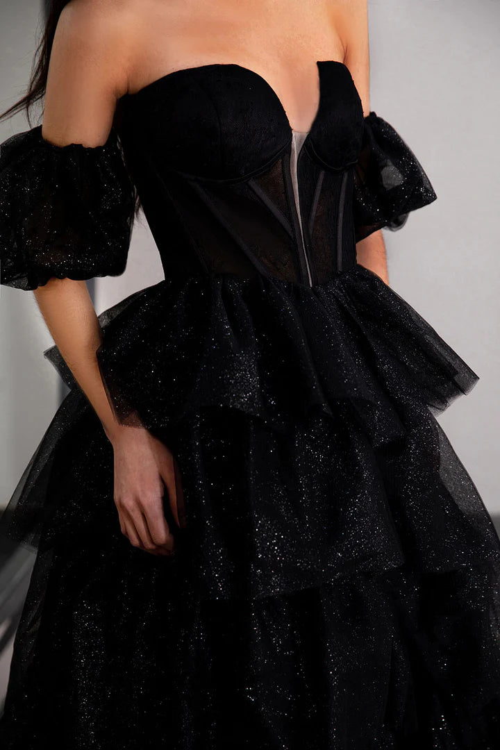 A-Line Princess Black Tiered Strapless Prom Gown with Sleeves Bubble Sleeved Ballgown