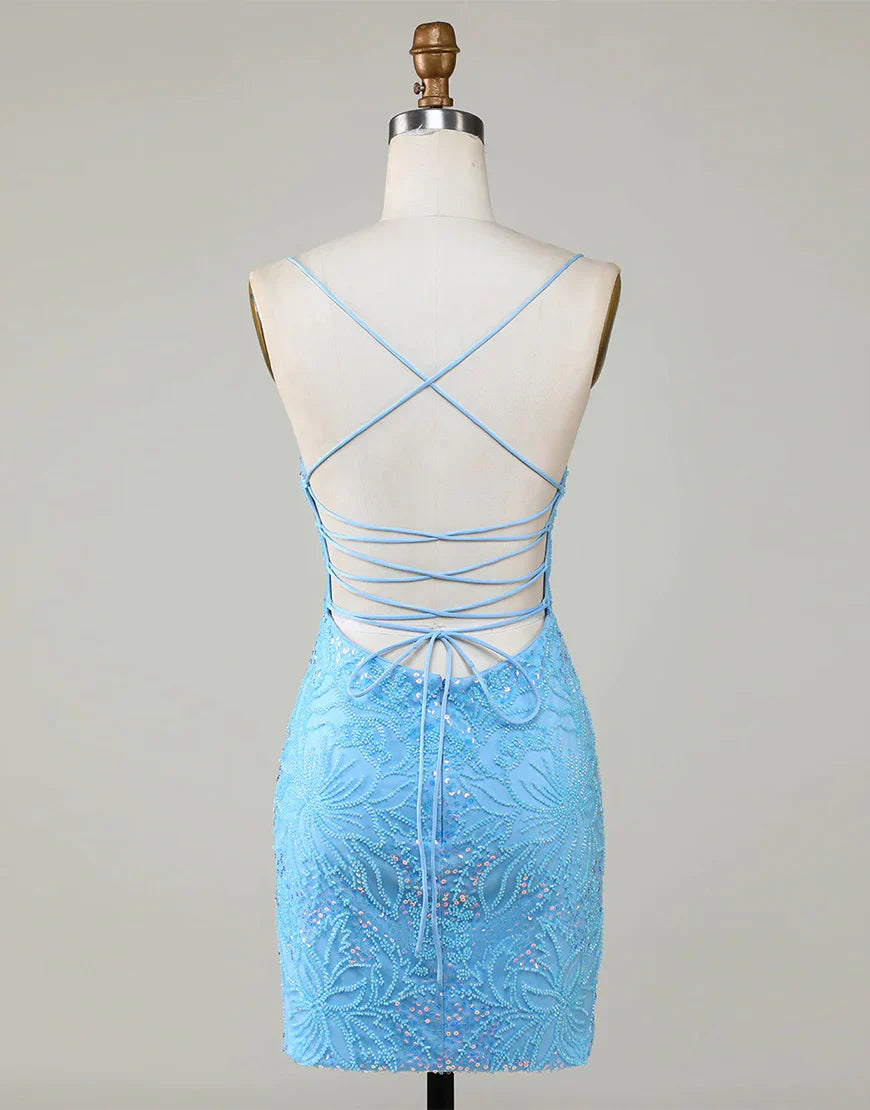 Spaghetti Strap Blue Beaded Lace Up Tight Backless Short Homecoming Dress
