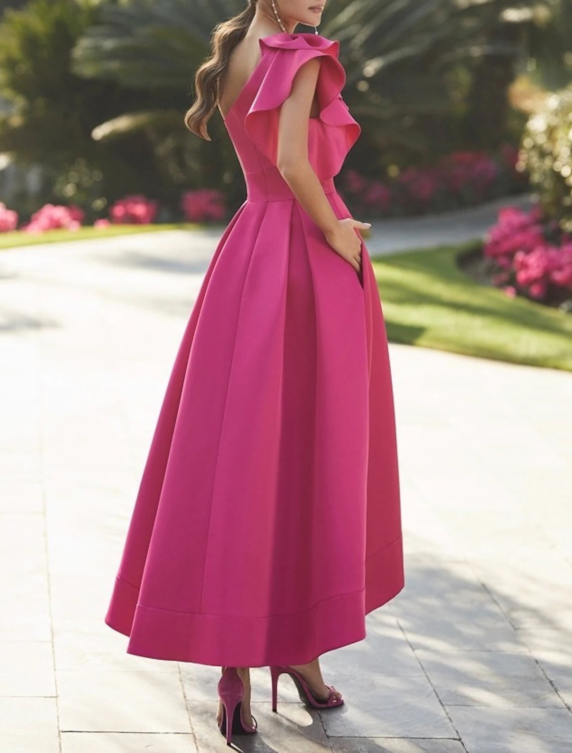 A-Line Wedding Guest Dress Asymmetrical Sleeveless One Shoulder With Ruffles Pure Color