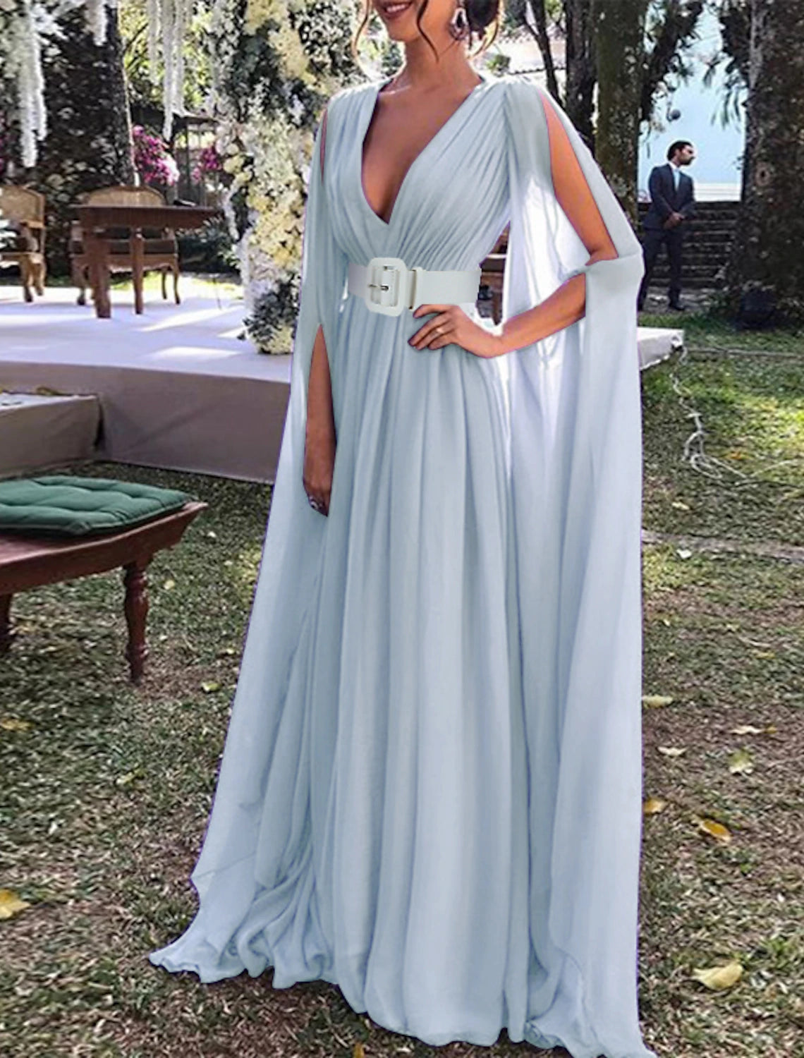 A-Line Wedding Guest Dress Party Dress Black Tie Floor Length Long Sleeve V Neck Fall Chiffon with Belt