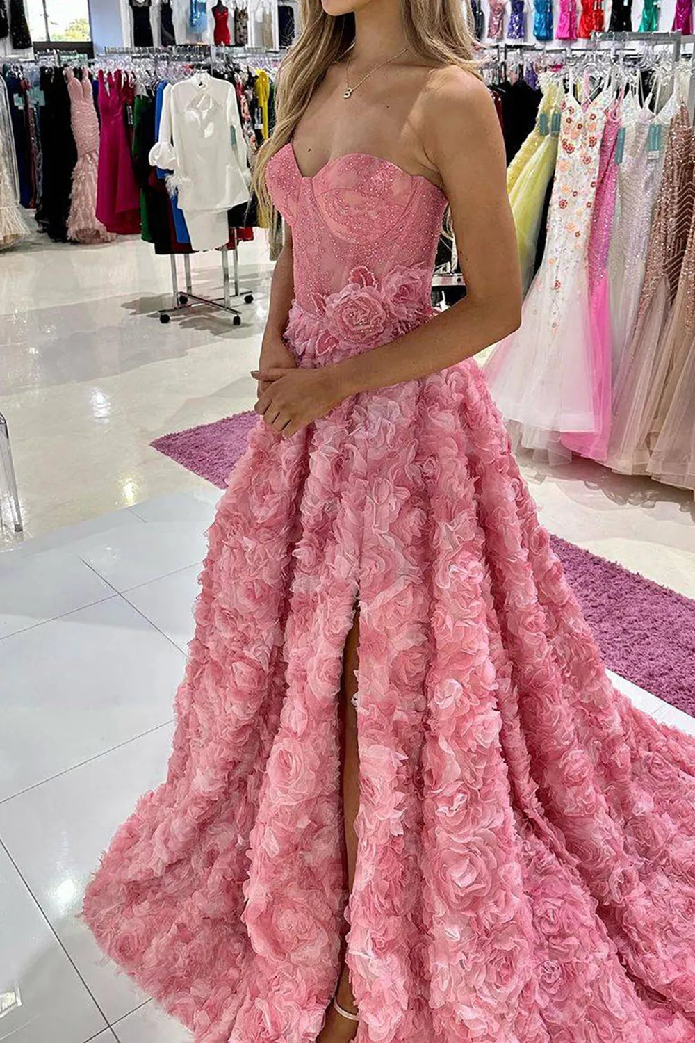 Elegant A Line Sweetheart Blush Long Prom Dress 3D Flowers With Slit