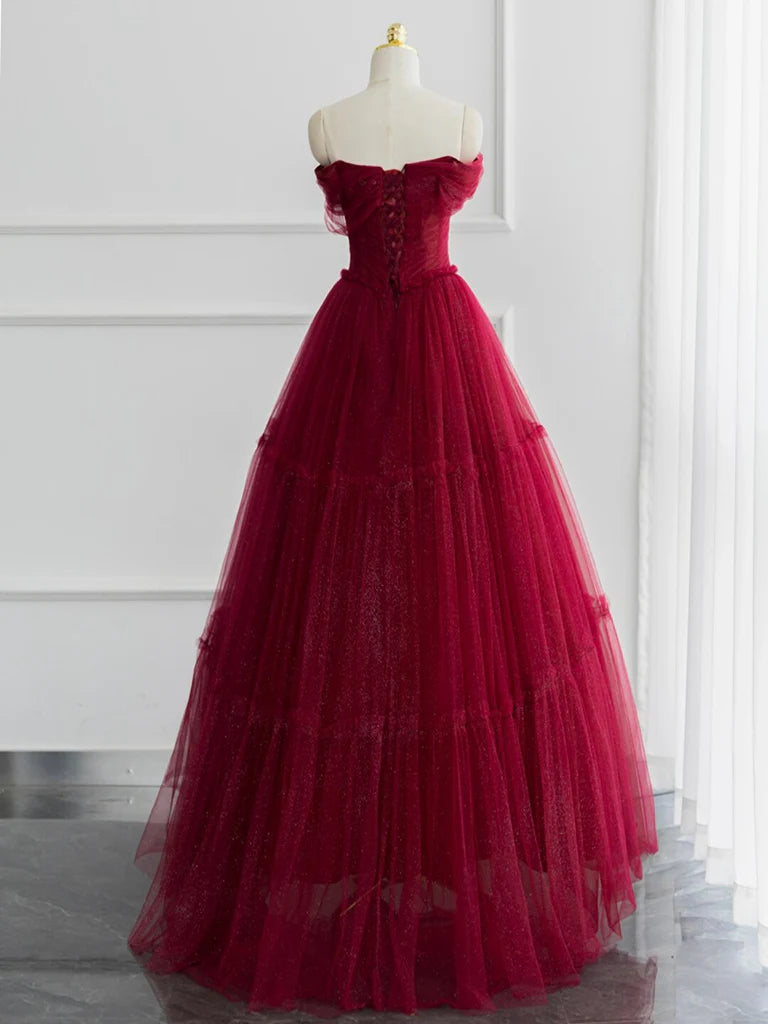 A-line Off Shoulder Tulle Shiny Burgundy Long Prom Dress Formal Dress