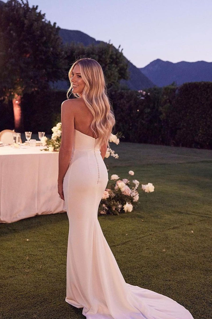 Elegant Mermaid Strapless Elastic Satin Long Wedding Dress with Button