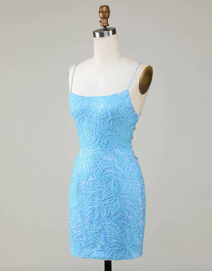 Spaghetti Strap Blue Beaded Lace Up Tight Backless Short Homecoming Dress