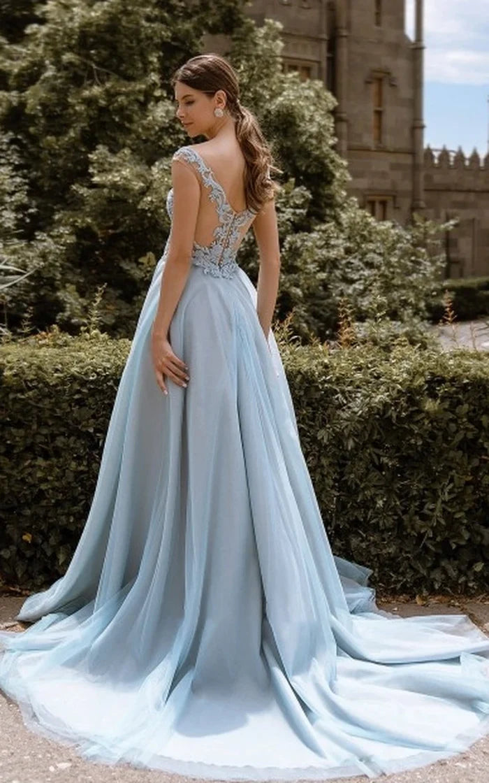 A-Line Lace V Neck Bridesmaid Dresses Sexy Illusion Back Tulle Dresses