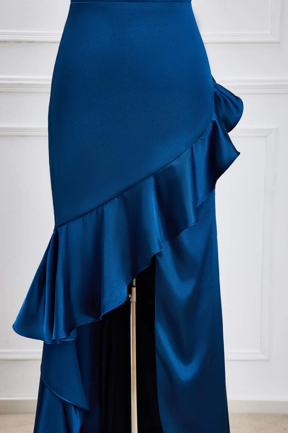 Blue One Shoulder Ruffle Satin Mermaid Maxi Dress Vintage Style Prom Dress