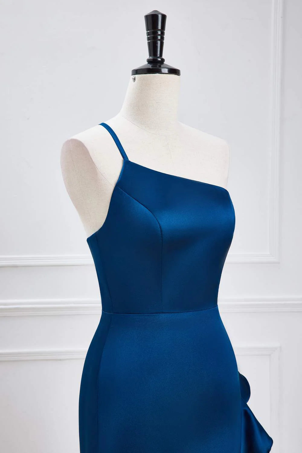 Blue One Shoulder Ruffle Satin Mermaid Maxi Dress Vintage Style Prom Dress