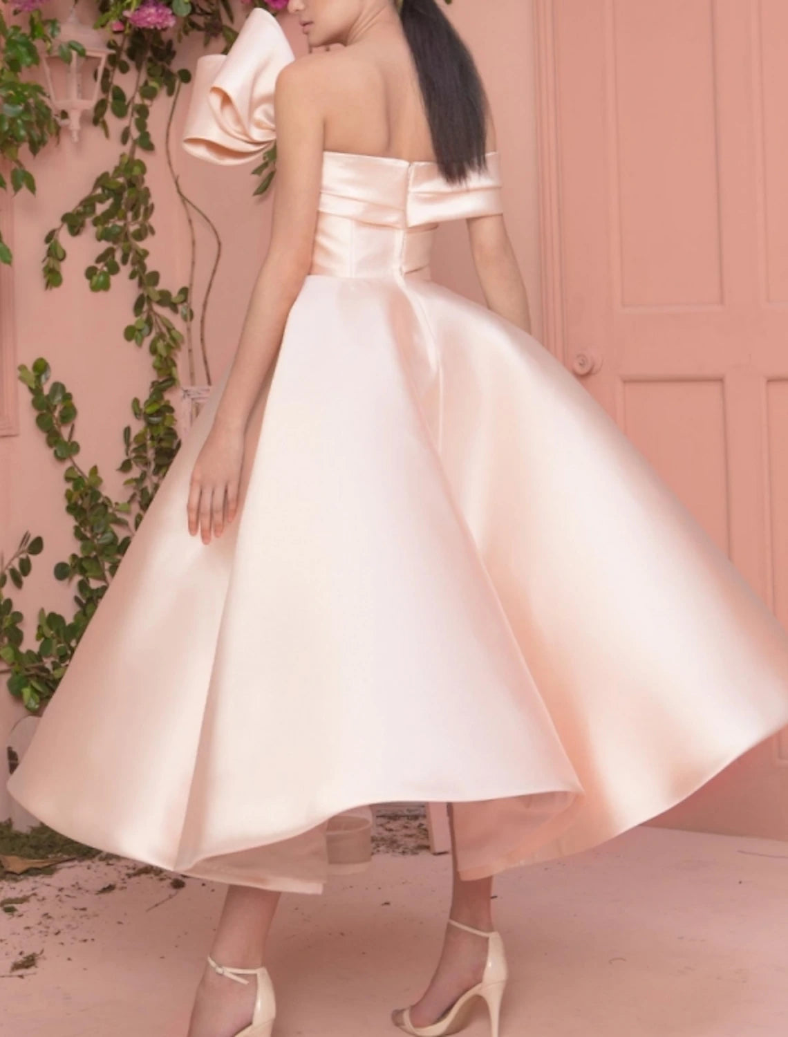 A-Line Prom Dresses Wedding Guest Ankle Length Off Shoulder Satin with Sleek