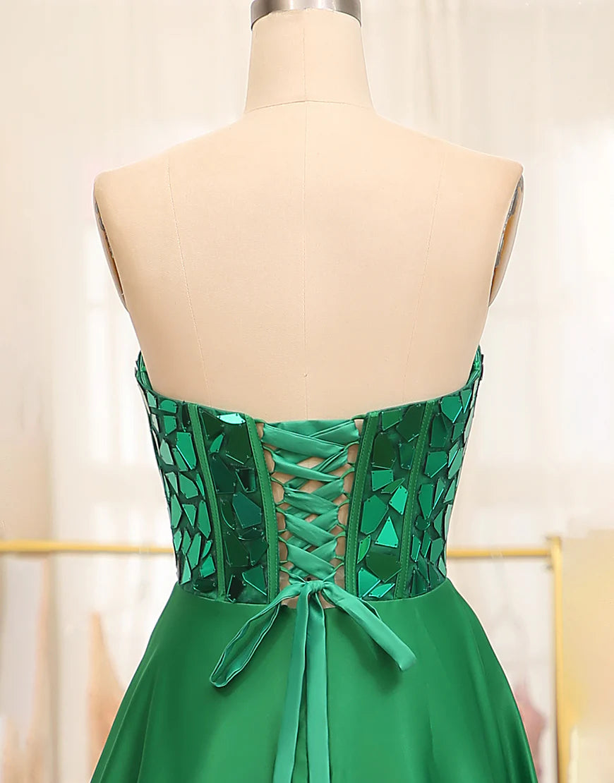 Dark Green A Line Sweetheart Satin Mirror Long Prom Dress