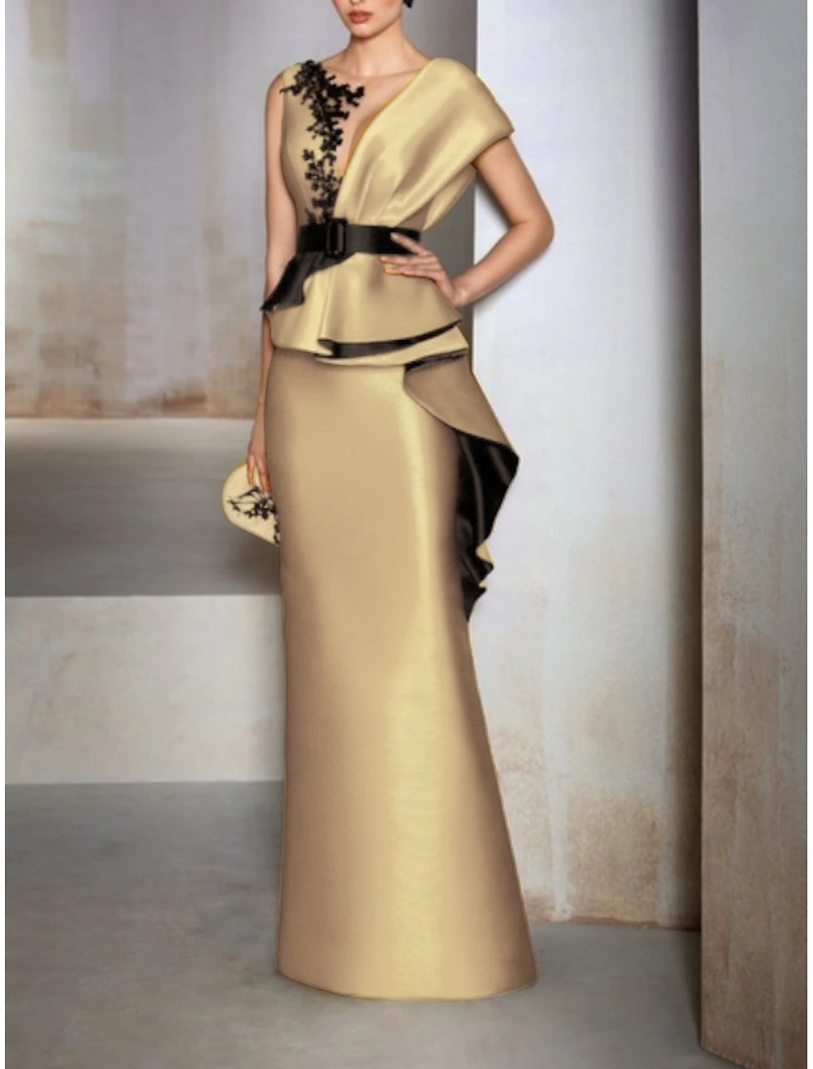 Sheath / Column Formal Wedding Guest Floor Length V Neck Satin with Ruffles Embroidery Appliques