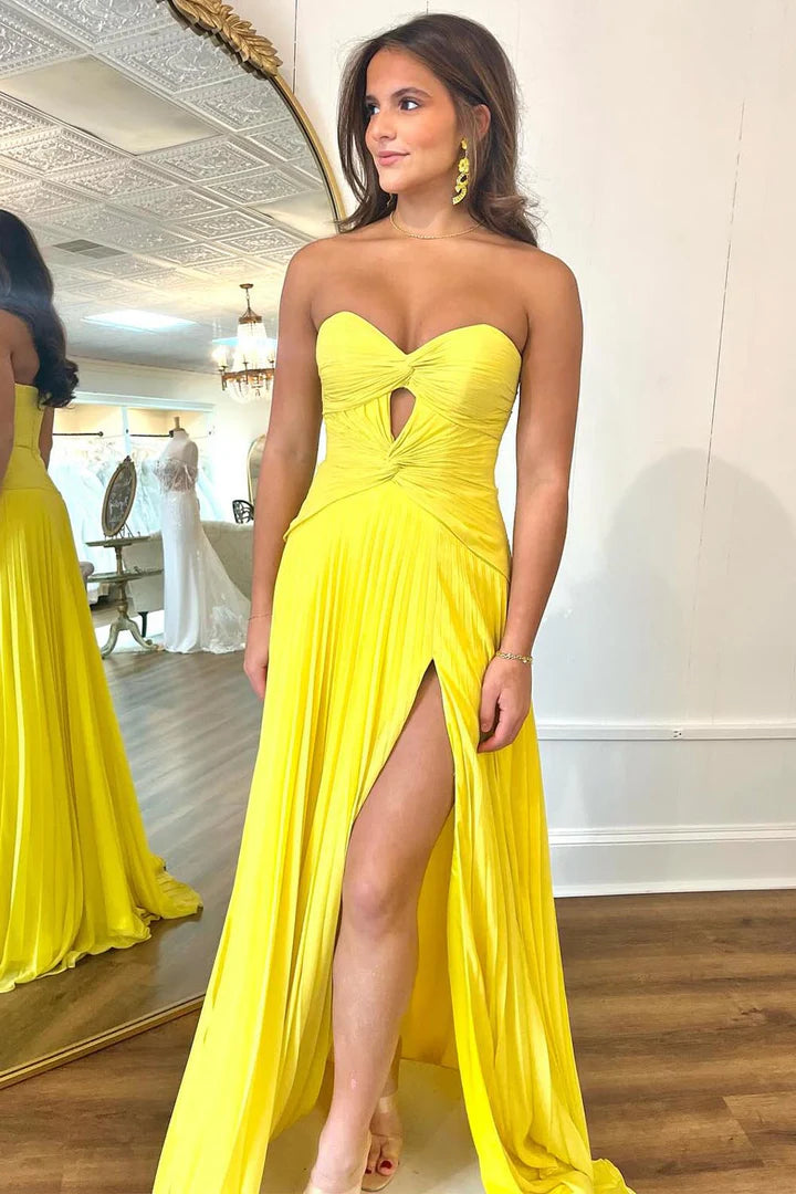 Sweetheart Pleated High Slit Keyhole Floor-length Prom Dress