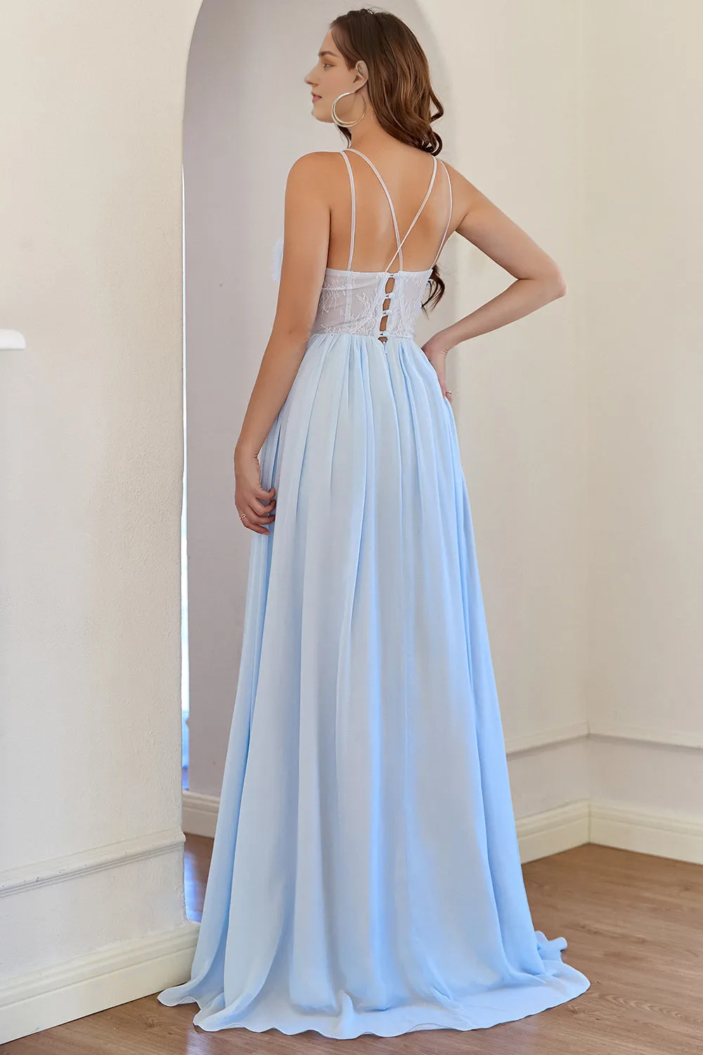 Light Blue Chiffon Long Prom Dress with Lace A-Line Wedding Guest Party Dresses