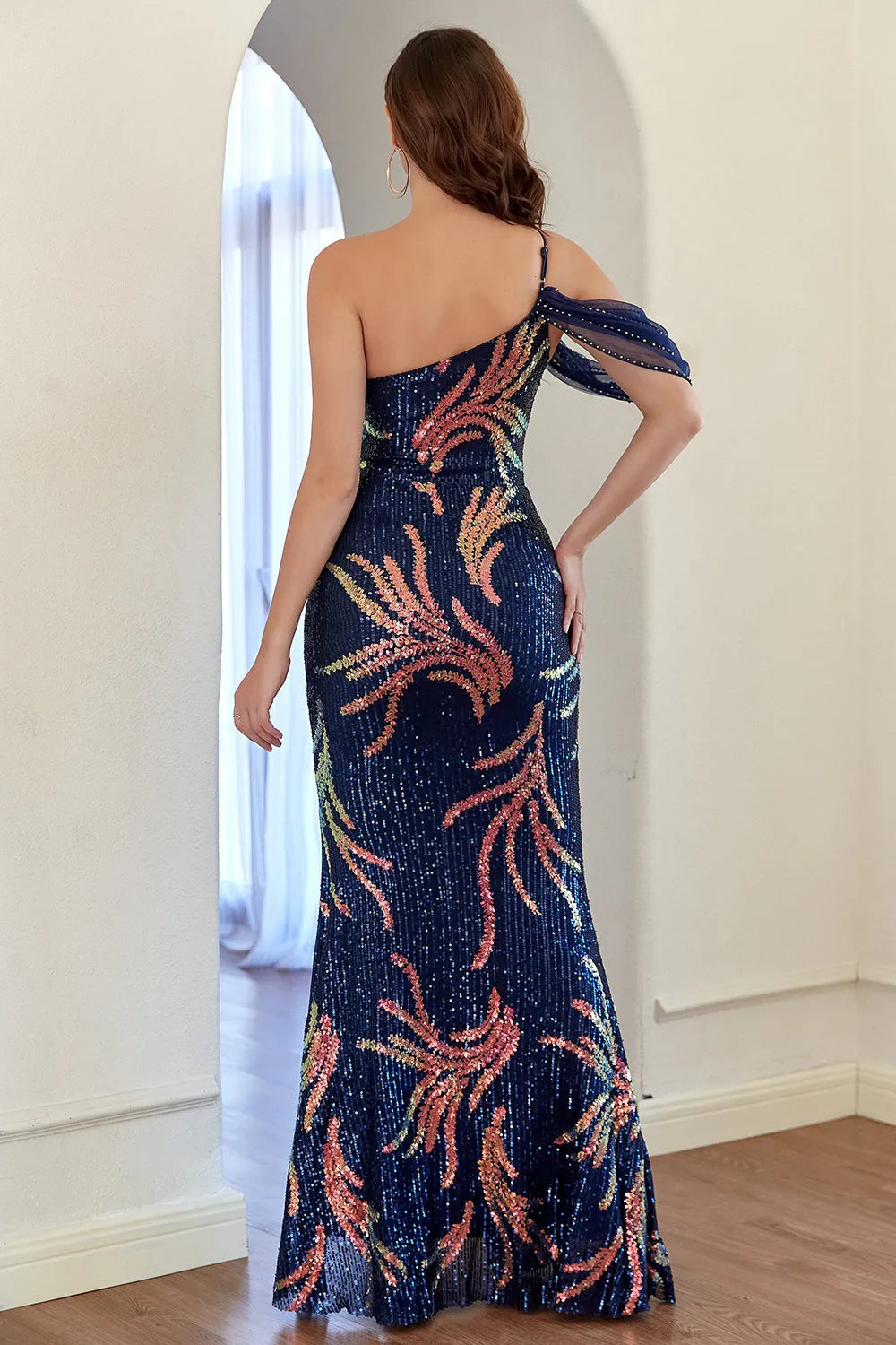 One Shoulder Sequins Prom Dress Evening Dresses Wedding Guest Party Dresses with Slit