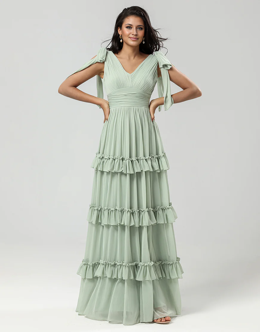 A Line Chiffon V-Neck Bridesmaid Dress with Pleated