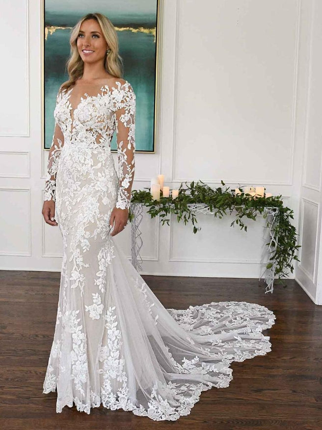 Mermaid Wedding Dress Illusion Neckline Long Sleeves Backless Lace With Train