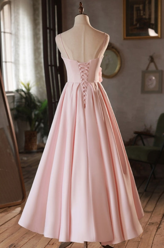 Cute A-Line Simple Pink Satin Bridesmaid Dress with Spaghetti Straps
