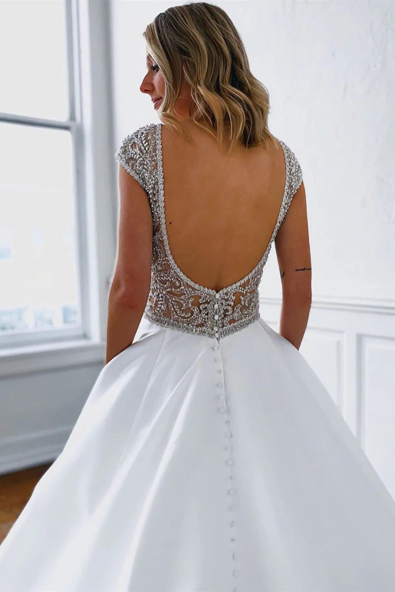 White A-Line V-Neck Long Backless Wedding Dress with Silver Beads