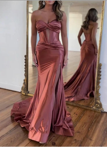A-Line Prom Elegant Dress Floor Length Sleeveless Strapless Satin with Ruched Slit