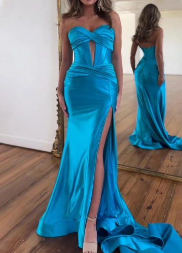A-Line Prom Elegant Dress Floor Length Sleeveless Strapless Satin with Ruched Slit