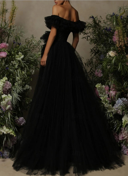 Black Tie A-Line Evening Gown Floor Length Sleeveless Off Shoulder Tulle with Ruched