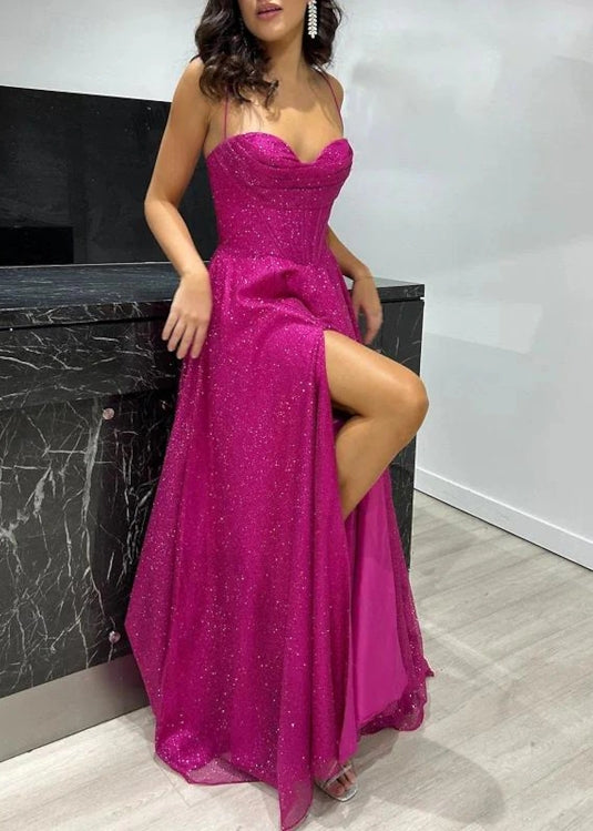 A-Line Prom Dresses Corsets Party Sleeveless Spaghetti Strap Fall Wedding Reception Tulle with Glitter Pleats